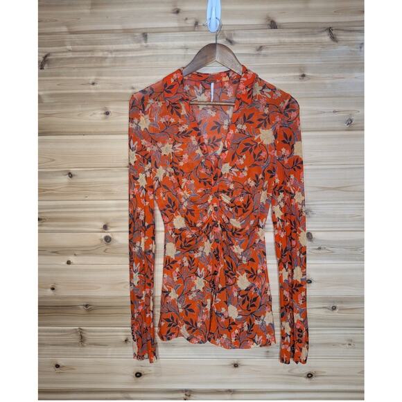 Free People Top Womens Small Orange Floral Mesh Button Front Fitted Blouse Boho - Picture 1 of 10